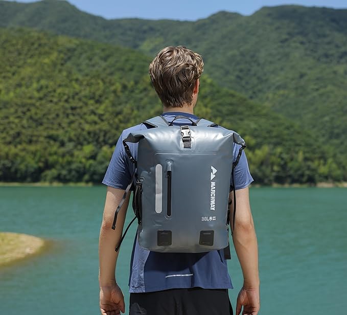 MARCHWAY Roll Top Waterproof Backpack, Floating Dry Bag 20L/30L/45L with Ergonomic Rectangular Base, Cushioned Back, Hip Strap for Hiking Camping Kayaking Travel (Grey, 30L)