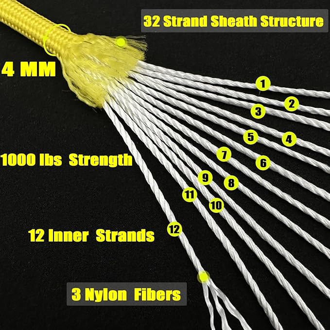 VVAAGG 1000 Yellow Paracord 100FT Utility Parachute Cord 4mm Nylon String12 Strand Nylon Camping Rope, Tent Rope, Clothsline Rope for Survival & Camping Gear