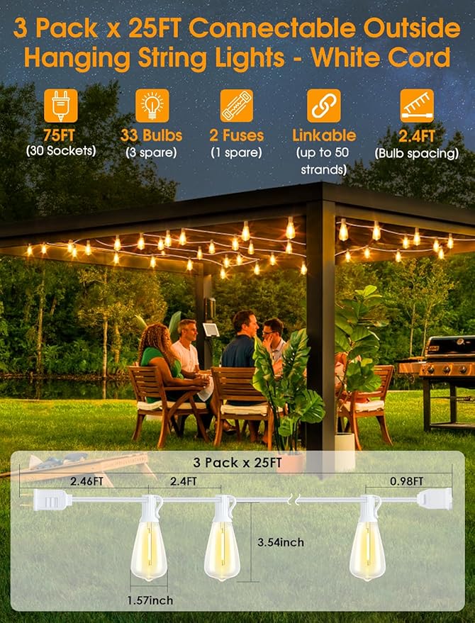 Larkvue 75FT(3x25FT) Outdoor String Lights, Patio Lights with 30+3 LED Dimmable Waterproof Connectable ST38 Bulbs for Gazebo Backyard Christmas, White