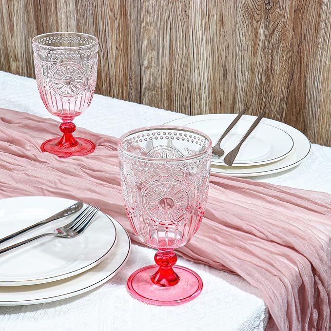 XUWAIDSGN 6Pcs Plastic Vintage Wine Glasses 13.5oz Reusable Embossed Goblet Glasses Pink Gradient Retro Wine Glassware Unbreakable Stemmed Champagne Water Cups for Wine Cocktail Juice Wedding