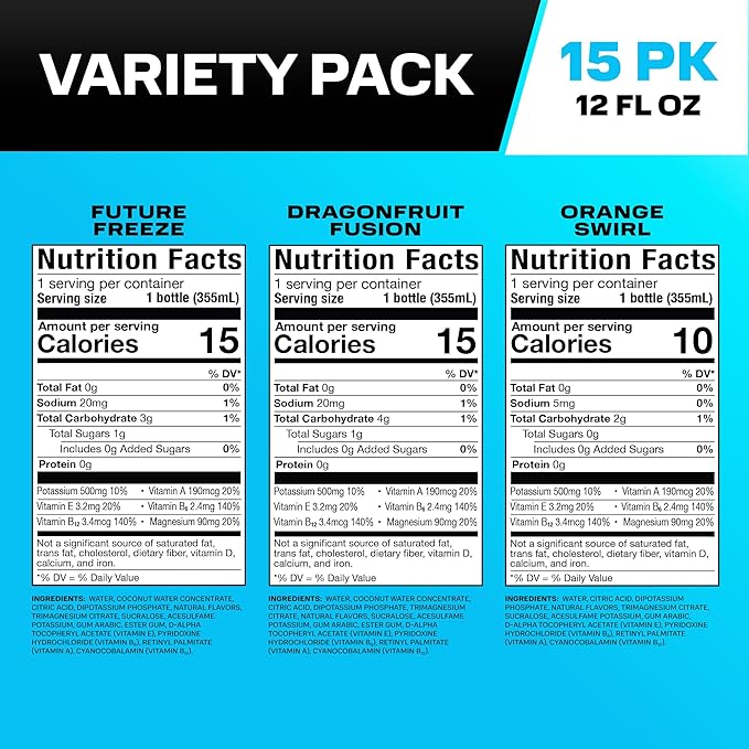 PRIME HYDRATION Variety, Dragonfruit Fusion, Orange Swirl, & Future Freeze Sports Drinks, Electrolyte Enhanced to Replenish Fluids, Zero Added Sugar, B Vitamins, Antioxidants, 12 Fl Oz, 15 Pack