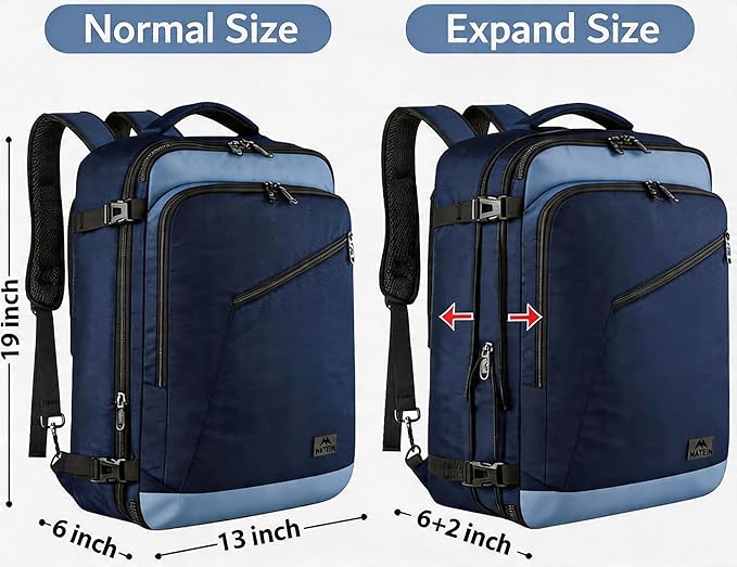 MATEIN Expandable Travel Backpack for Airplanes, Large Capacity Carryon Backpack for Men Women, Water Resistant Airline Approved Bags with Adjustable Shoulder Straps for International Trip, Grey Blue