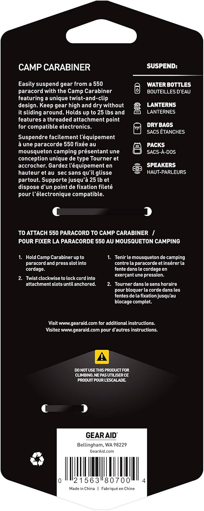 GEAR AID Camp Carabiner for Hanging Camping Towels, Packs, Lights, Speaker on a 550 Paracord with 1/4-20 Attachment Point | Swivels 360° for Easy Access to Devices & Gear