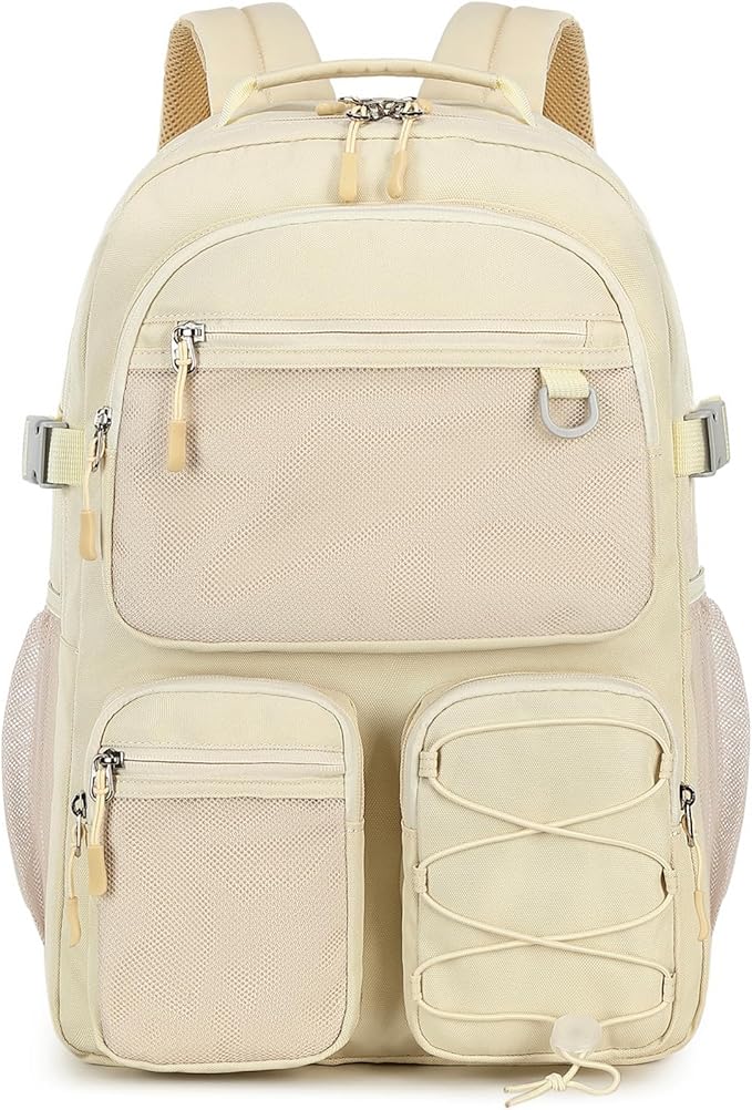 Lohol Water Resistant Backpack with Mulitiple Pockets for School Travel Outdoor College, 15.6 inch Laptop Bookbag for Girls and Women (Beige)