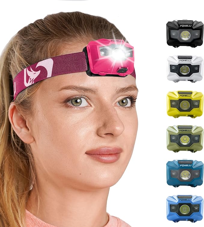 Foxelli USB‑C Rechargeable LED Headlamp – Ultra‑Light 2.4 oz & Bright 180 Lumens – Red/White Light, 5 Modes, IPX5 Waterproof, 40 h Runtime for Trail Running, Camping, Hiking