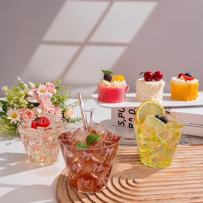 I00000 200 Pcs 9 oz Clear Plastic Cups with Pink Bow, Clear Disposable Cups Wine Glasses Cocktail Glasses Premium Cup Perfect for Wedding, Birthday & Party