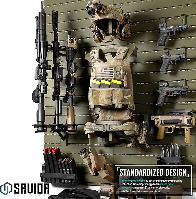 Savior Equipment Wall Rack System Tactical Vest Attachment Gear Wall Mount Display Rack Organizer, Adjustable Width, Heavy-Duty Steel Construction Hold Up to 40 lbs