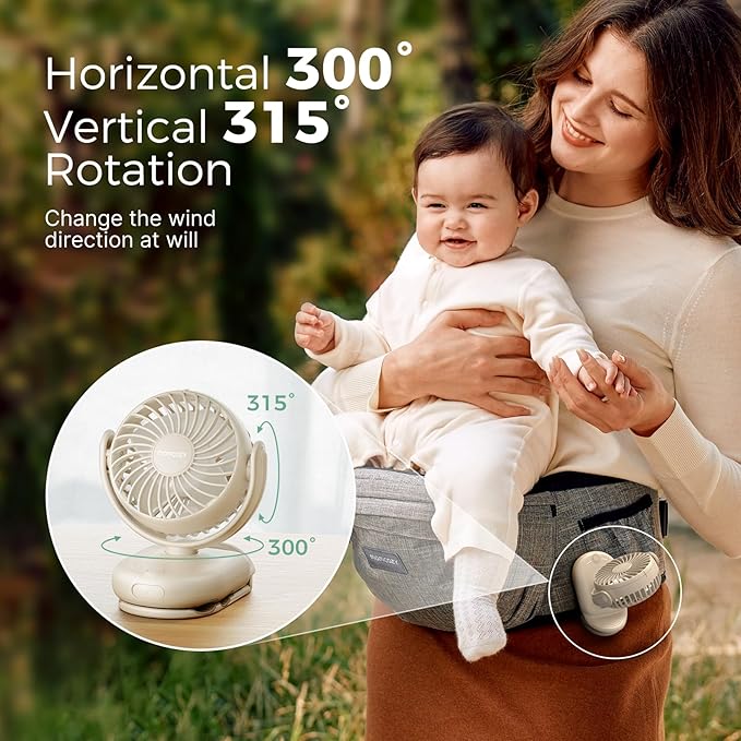Momcozy Portable Stroller Fan with Clip | 4-Speed Mini-Fan for Carrier | Personal Fans Ultra Light 0.26lb | Gaps ≤4.5mm | Handheld Cooling | Rechargeable Rotate for Diaper Backpack/Table/Chair
