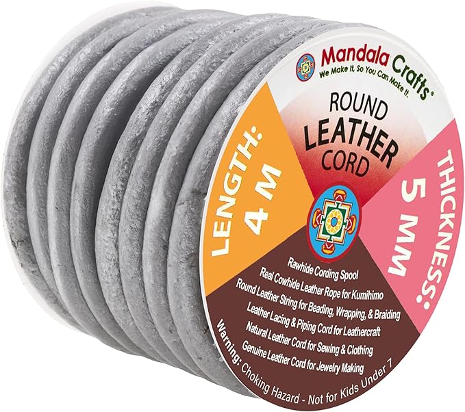 Mandala Crafts Round Genuine Silver Leather Cord for Jewelry Making – 5mm Cowhide Leather Rope String Lace for Kumihimo – 4.4 Yards Cowhide Craft Cording Spool