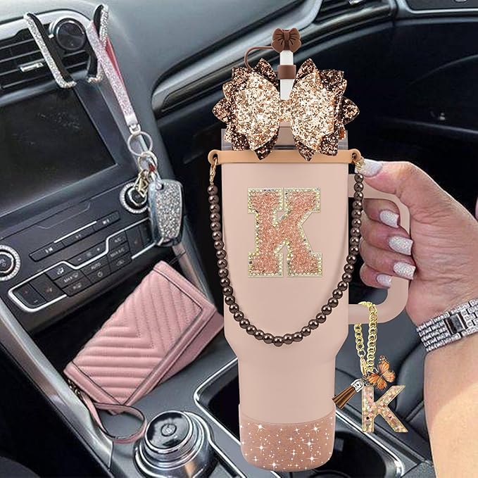 9PCS Brown for Stanley Cup Accessories Set Bling Initials Bow Charms for Stanley Decorations 30/40 Oz Tumbler Accessories Including Bow Straw Topper, Handle Strap, Spill Stopper（Letter K）