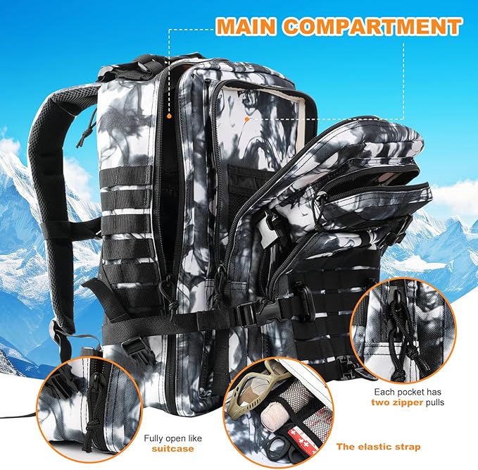 Hannibal Tactical MOLLE Assault Backpack, Tactical Backpack Military Army Camping Rucksack, 3-Day Pack Trip w/USA Flag Patch, D-Rings, Black White camo