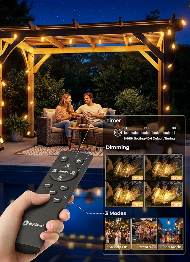 Brightown 52FT Solar String Lights Outdoor Waterproof, Patio Lights with Remote and 15+1 LED Shatterproof Bulbs, Dimmable & Timable, 3 Light Modes, Solar Lights Outdoor for Yard Garden Camping Party