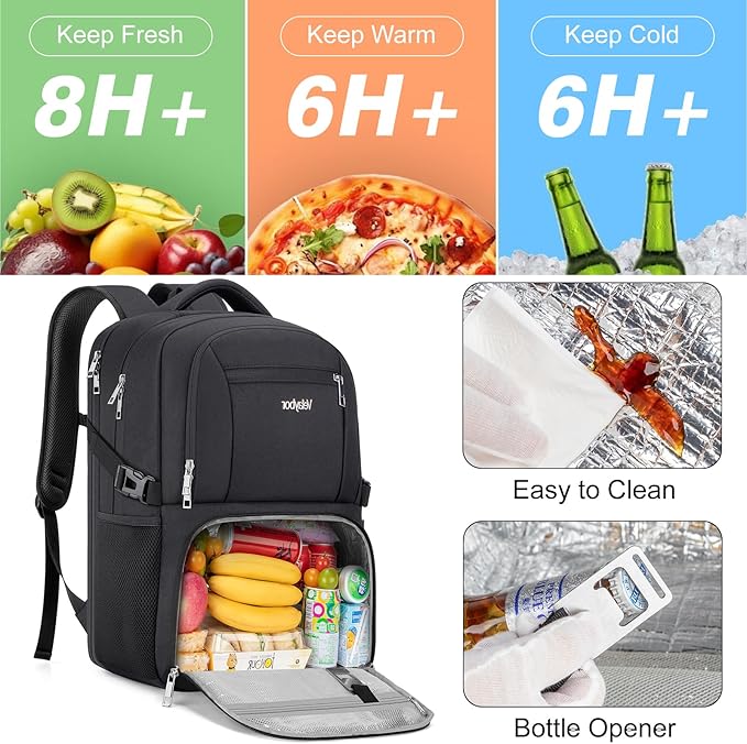 Insulated Lunch Backpack Fit 17" Laptop, Work Backpack with Lunch Box & USB Charging Port for Men & Women, Water Resistant College Computer Bag for Travel, Business, Hiking (Black)