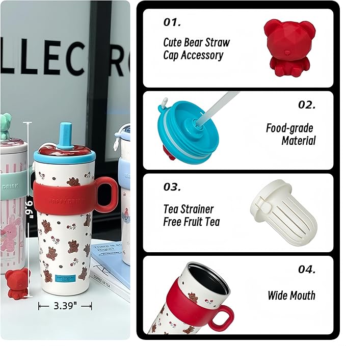 21oz Cute Bear Car Cup with Straw & Cap, Leak-Proof Portable Mug with Tea Strainer, Insulated for Hot/Cold - Ideal for Car, Office, Outdoor (Blue)
