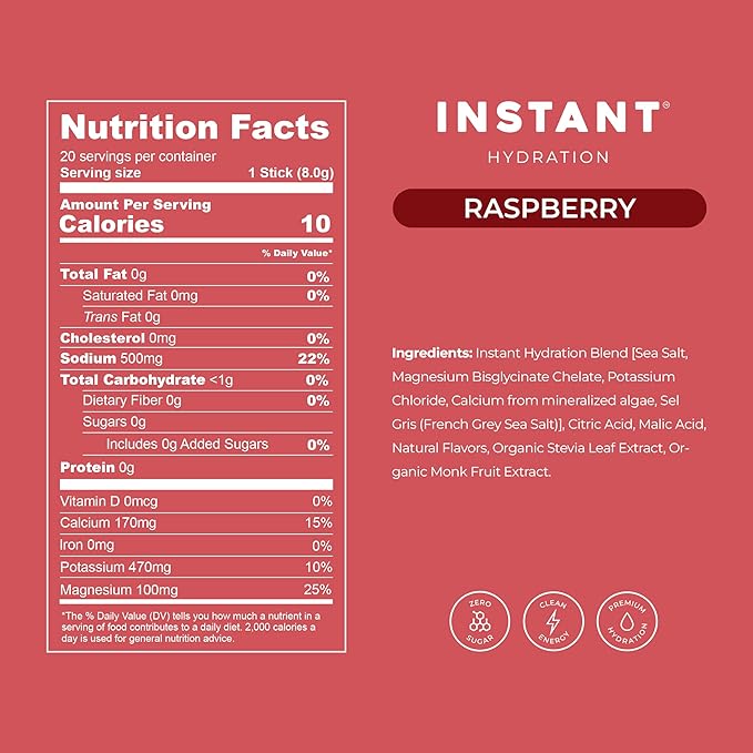 Instant Hydration Sugar Free Electrolytes Powder Packets - Raspberry Electrolyte Drink Mix & Travel Essentials - Post Workout Recovery, Brain Health, Muscle & Tissue Support - 20 Count