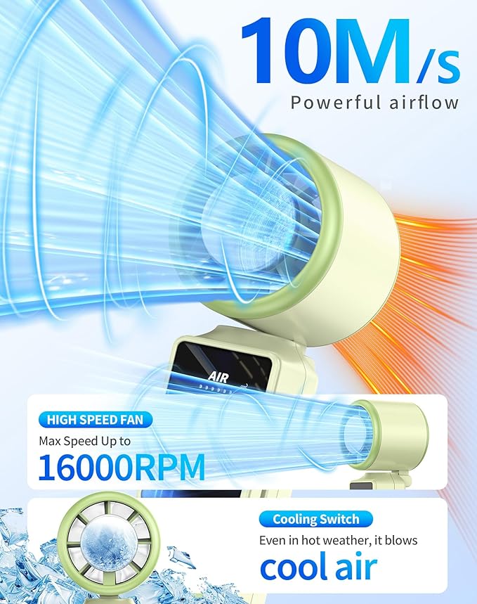 Foluu 3-in-1 Portable Cooling Fan with Active Cooling Technology, 16,000 RPM, 100-Speed Touch Control & LED Display, Type-C Fast Charge, Neck Strap & Stand – for Travel, Office, Outdoor (Green)