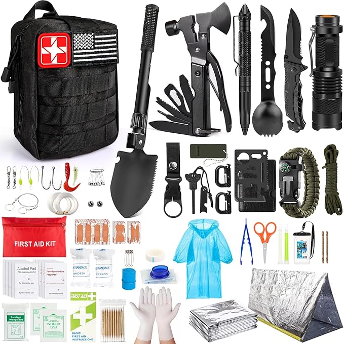Survival Kit, 251 Pcs Survival Gear First Aid Kit with Molle System Compatible Bag and Emergency Tent, Emergency Kit for Earthquake, Outdoor Adventure, Hiking, Hunting, Gifts for Men Women