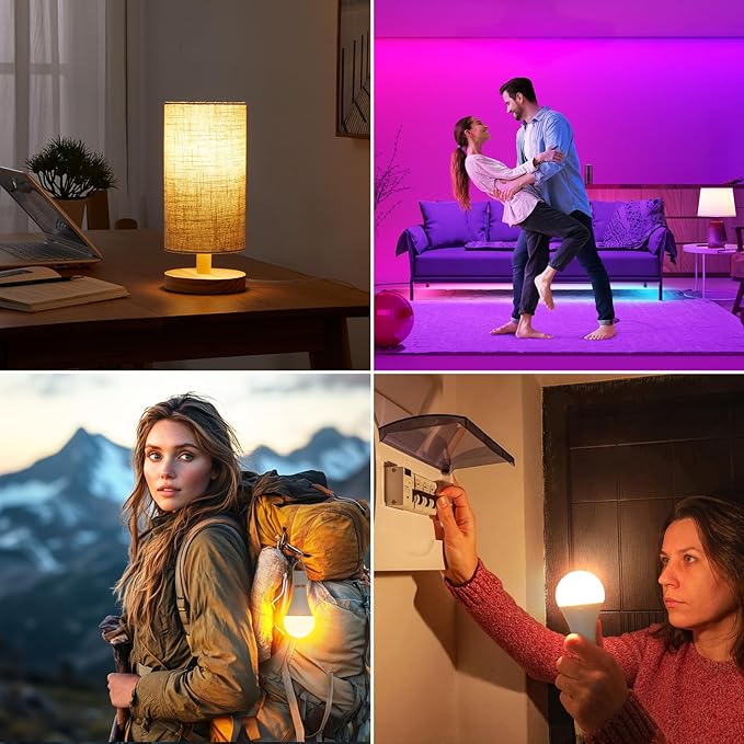 2-Pack A19 Rechargeable Light Bulbs with Remote, 15 Colors Shift + Dimmable Battery Operated Detachable LED Bulbs with 3 Timer, Wireless Emergency Puck Light Bulb for Lamps Wall Sconce, Non-Hardwired