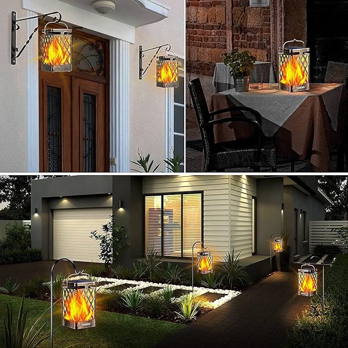 TomCare Solar Lights Outdoor Flickering Flame Solar Lantern Outdoor Hanging Lanterns Decorative Outdoor Lighting Solar Powered Waterproof LED Flame Lights for Patio Garden Deck, 2 Pack(Bronze)