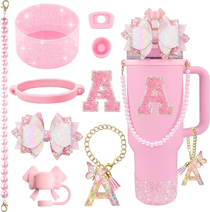 9PCS Pink for Stanley Cup Accessories Set Bling Initials Bow Charms for Stanley Decorations 30/40 Oz Tumbler Accessories Including Bow Straw Topper, Handle Strap, Spill Stopper（Letter A）