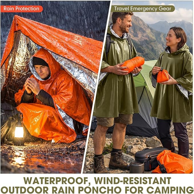 Tellegloww Emergency Ponchos with Polyester Film Blanket Liner Waterproof Windproof Thermal Survival Blanket Rain Ponchos