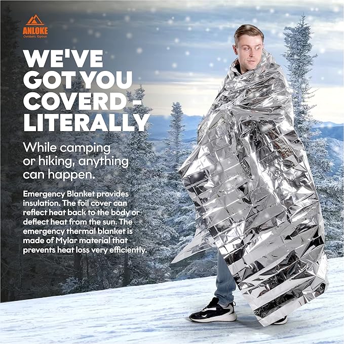 ANLOKE Emergency Blankets (10 Pack) - Plus Size Space Essential for Hiking Gear, Survival Kits & Emergency Kit