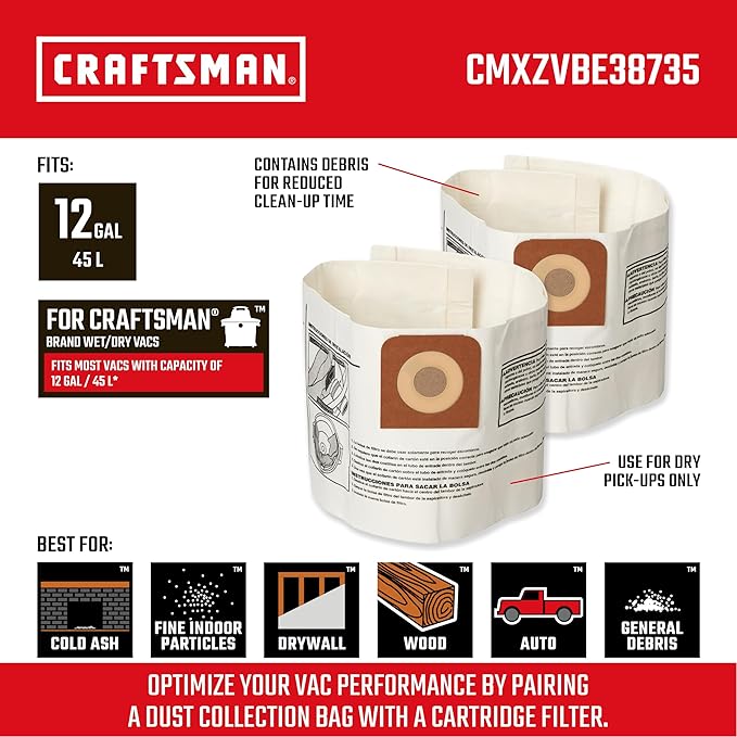 CRAFTSMAN CMXZVBE38735 Genuine Fine Dust Wet Dry Vac Dust Collection Bags for Most 12 Gallon CRAFTSMAN Shop Vacuums, Collects Dry Fine Debris, Reduces Cleanup Time, 2-Pack