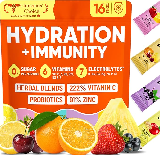 Venture Pal 2-in-1 Hydration + Immune Electrolytes Powder Packets with 7 Electrolytes & 6 Vitamins, Elderberry, Turmeric, Echinacea | Liquid Daily IV Drink Mix | Sugar Free | Keto Friendly, 16 Sticks