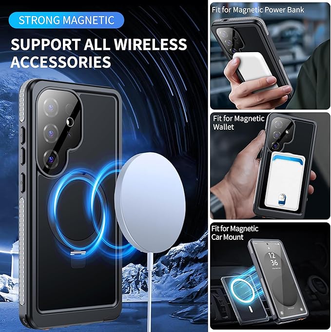 ANTSHARE IP68 Waterproof Case for Samsung Galaxy S25 Ultra [2025] - with Kickstand - MagSafe Compatible, Built-in Screen/Lens Protector - Shockproof Full Body Protection for Swimming/Outdoor, Black