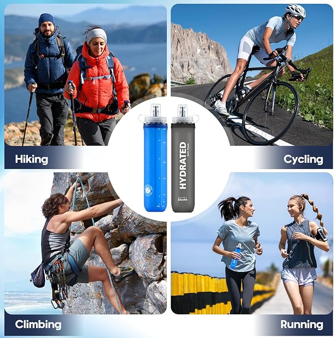 SLUXKE Soft Flask 2 Pack with Dust Cap, 17oz/500ml Flexible TPU Soft Water Flasks for Running Vest, BPA-Free Hydration Foldable Flask for Hiking, Cycling