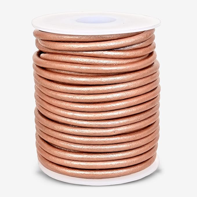 GENIQUE Real/Genuine Round Leather String Cord for Necklace, Bracelets, Jewelry, Kumihimo Braiding, DIY Projects (10 Metres) (3mm, Rose Gold Metallic)