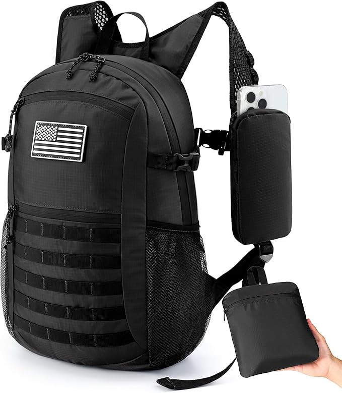 Small 20L Foldable Hiking Daypack for Men Women – Ultra Lightweight Tactical Packable Backpack for Travel, Camping Outdoor, Black