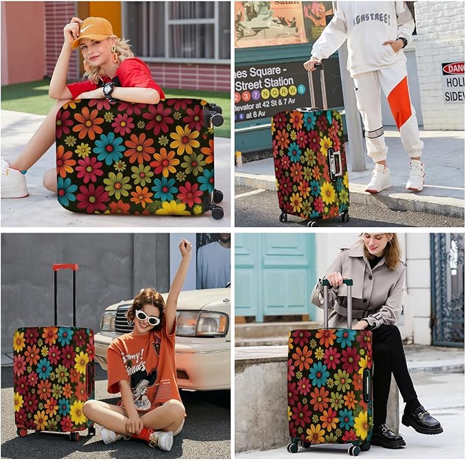 ANNA QUEEN Colorful Flower Luggage Cover, Retro Floral Suitcase Protector, Stretchable Washable Cover for 24-26 Inch Luggage