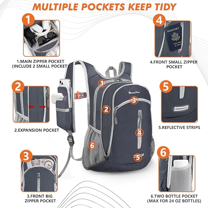 Seektop Small Hiking Backpack Expandable 12L-15L, Lightweight Packable Waterproof Daypack with Phone Pocket for Women Men