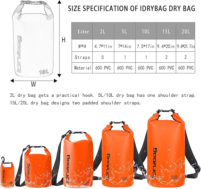 IDRYBAG Dry Bag for Kayaking Waterproof 2L/5L/10L/15L/20L, Small Dry Sack Waterproof Bag for Boating