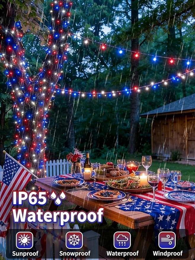 2 Pack 200 LED Red White and Blue Solar String Lights Outdoor Waterproof, Solar Powered LED Patriotic Lights, Solar Tree Lights for Independence Day 4th of July Memorial Day 250th Anniversary Decor