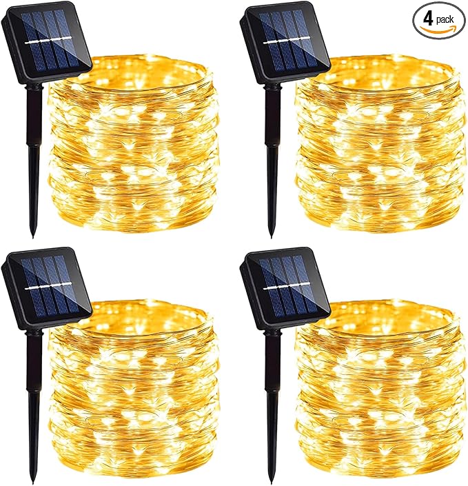 4 Pack Solar Fairy Lights 131Ft 400 LED Outdoor Twinkle Light with 8 Modes, Waterproof Silver Wire String Lights for Garden Patio Party Weding Decor (Warm White)