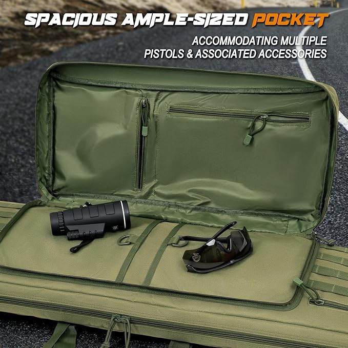 DULCE DOM 36 42 48 Inch Double Rifle Case, Tactical Soft Padded Backpack for Hunting & Shooting Range, Heavy-Duty Storage Gun Bag for 2 Rifles & Pistols with Lockable Zippers & MOLLE System