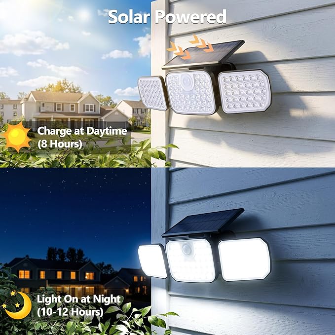 BrizLabs Solar Outdoor Lights, 3 Modes Motion Sensor LED Security Lights with Remote, 3 Head 360° Wide Angle Flood Wall Light, Dual Mount IP65 Waterproof Outdoor Lighting for Garage Patio Yard, 2 Pack