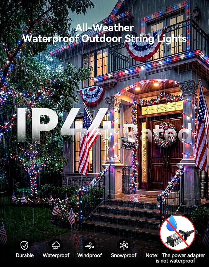 LitHome 4th of July Decorations Outdoor Waterproof, 99FT 300 LED String Lights Outdoor Red White and Blue, 8 Modes String Lights with Timer & Memory for Independence Day Tree Holiday Party