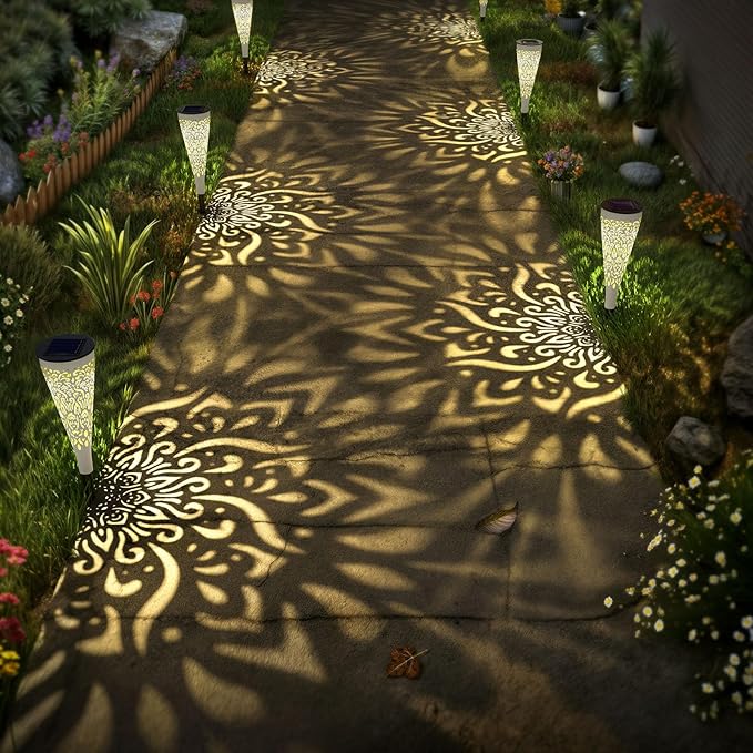 gardencave 6 Pack Solar Lights Outdoor Garden Decorative Mandala Solar Garden Lights with Warm Light Waterproof Solar Pathway Landscape Light for Path Patio Backyard Walkway Yard Decor (White)