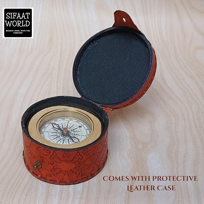 Vintage Brass Compass with Wooden Box – Antique Navigation Compass for Hiking, Camping, Gifts & Home Decor – Classic Map Reading Compass for Men