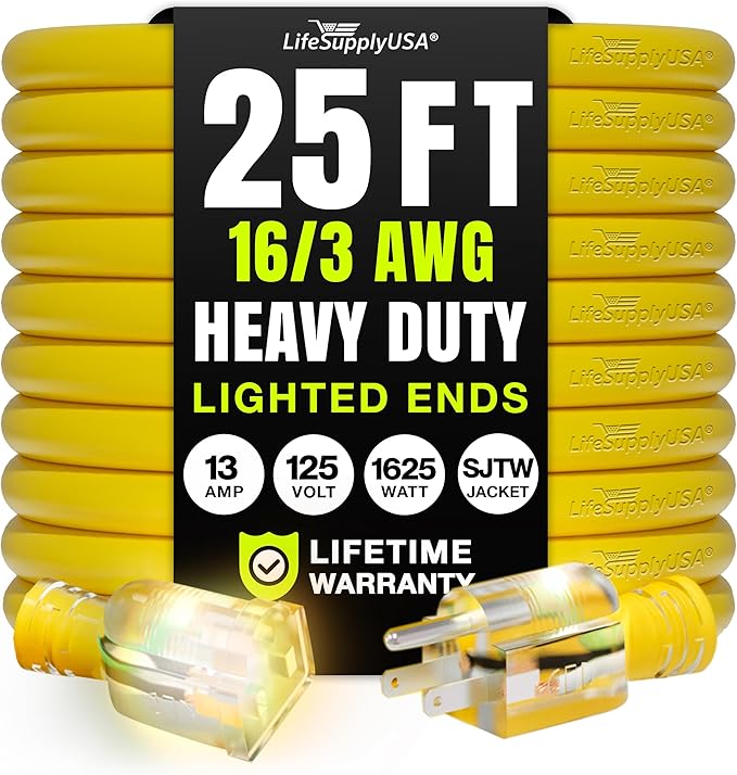 25ft Outdoor/Indoor Extension Cord 16/3 Gauge Heavy Duty 3 Prong SJTW, Waterproof, Flexible Cold-Resistant Long Power Cord,125 Amp 1625W, Yellow by LifeSupplyUSA
