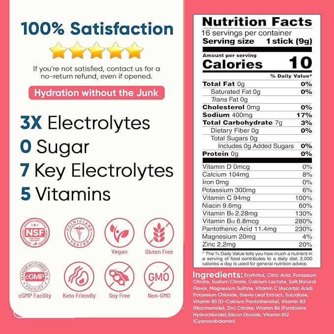Venture Pal Sugar Free Electrolyte Powder Packets - Liquid Daily IV Hydration Packets | Electrolytes Drink Mix with 5 Vitamins & 7 Electrolytes | Keto Friendly | Non-GMO | Certified Vegan | 16 Sticks