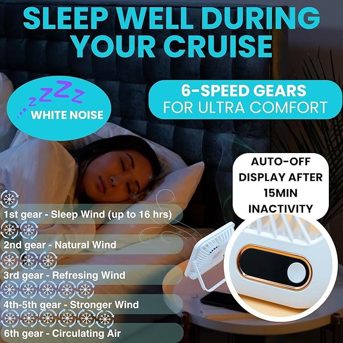 Cruise Fan Cabin Approved Carnival & Royal Carribbean Essentials With Magnetic Hook - Rechargeable Long Battery Life, USB-A & USB-C - Small Desk Fan - Folding & Portable, Plug-In And Battery Powered