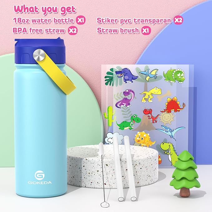 GoKEDA 18oz Kids Water Bottle, Insulated Bottles with Stickers, 18/8 Stainless Steel Vacuum Leak Proof Straw Cup for School, Gifts for Boys Girls(LightBlue)