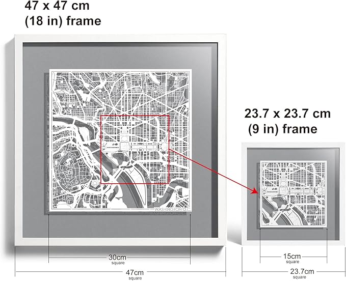 Washington D.C.s Cut Map framed by O3 Design Studio, White map, White frame, 18x18 inches, paper cutting art work, Gift Boxed, 4 background color, self-changing, Wall Art