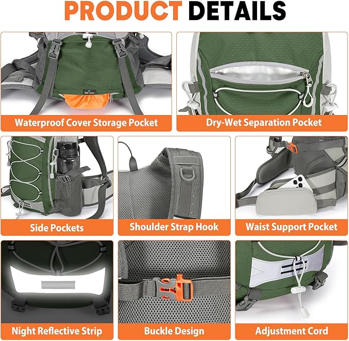 25L Hiking Backpack with Rain Cover Lightweight Hiking Daypack for Travel Camping Outdoors Knapsack for Men Women (Dark Green)