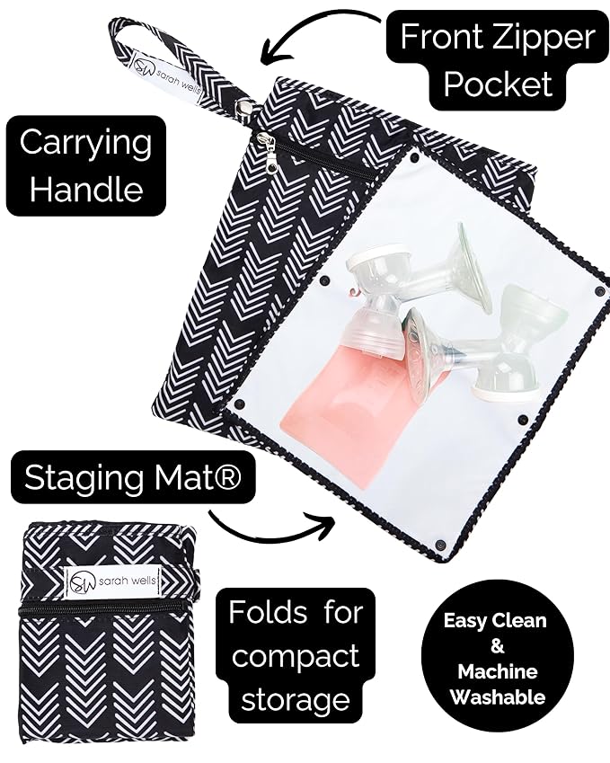 Sarah Wells Pumparoo Wet Dry Bag for Breast Pump Parts – Compact Organizer with Waterproof Pocket, Staging Mat & Fridge Hack – Machine Washable Pumping Accessory (Black & White)