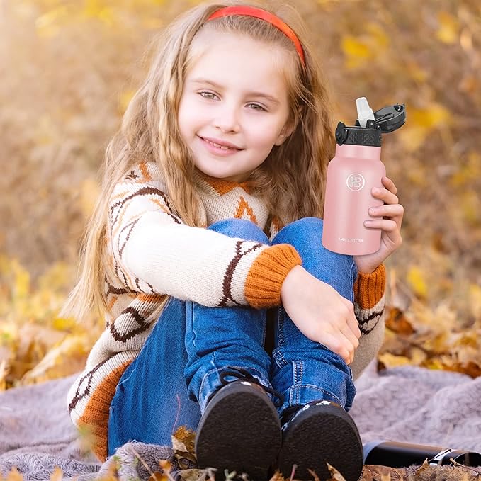Han's Bottle Kids Water Bottle with Straw Lid - Insulated Stainless Steel Reusable Tumbler for Girls,Boys,Thermo Mug,12oz,Blush